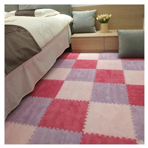 20 Stück ineinander greifende Teppichfliesen, Plüsch-Puzzle-Schaumstoff-Bodenmatten, Krabbelmatte, weiche Schaumstoffmatte, Flächenteppich, sportliche, flauschige Spielmatte fürs Zimmer(Pink purple ro