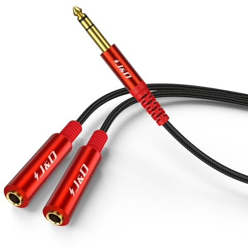 J&D Cavo Y Splitter Stereo TRS 1/4 Pollici, 6.35 mm Maschio a Doppio Jack Femmina 6.35 mm, Cavo Audio Stereo, Connettori Placcati Oro, Struttura Robusta in PVC e Rame, Rosso, 0.5 m