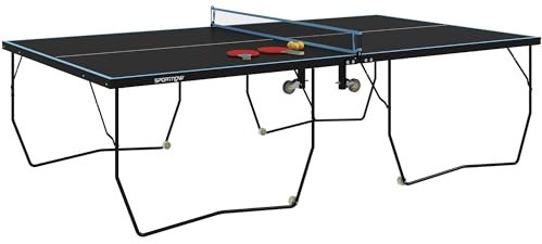 SPORTNOW Tischtennisplatte, Große Tischtennistsich mit klappbares Untergestell Netz, Rollen, 2 Tischtennisschlägern 3 Bällen, Schneller Aufbau, Stahl, Schwarz, 274 x 152,5 x 76 cm