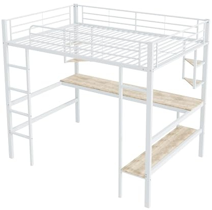 Azkoeesy Metall Hochbett mit Schreibtisch, 90x200 cm, Einzelbett, Jugendbett, Etagenbett, für Erwachsene, mit Ablageflächen, Fallschutz und Gitter, weiß