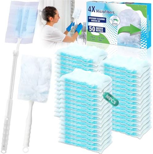 BBLTIFF 50 Pezzi Ricariche per Spolverino con Manico Corto e Un Manico Telescopico, Piumino per Spolverare, Cattura Polvere, Spolverino per Polvere, Duster Ricariche Ricambi per Pulire Polvere Capelli