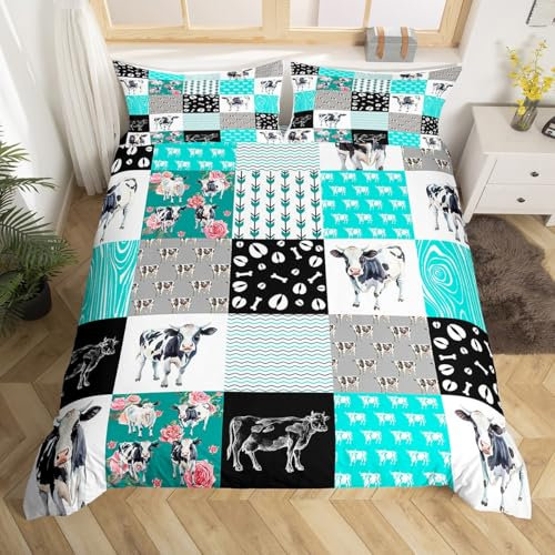 Homewish Juego de funda de edredón de vaca lechera, animales de granja, juego de ropa de cama tamaño Super King, funda de edredón de vaca occidental, juego de cama de flores rústicas, retazos verde