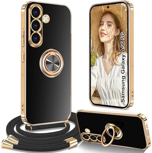 Yutwo Handykette für Samsung Galaxy A56 5G Hülle mit Band, Handyhülle für Samsung A56 5G mit Band Kette Ständer Stoßfeste Schutzhülle, Schwarz
