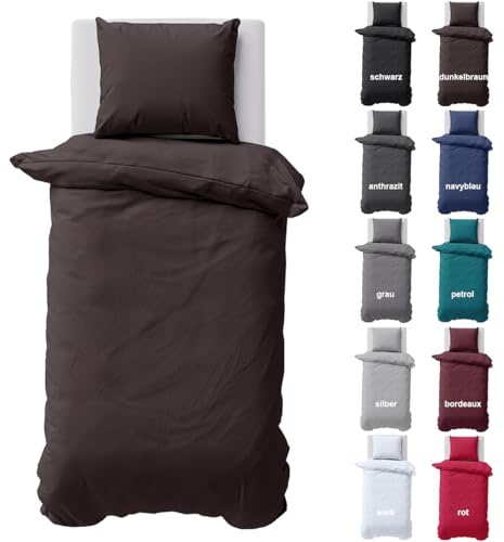 Visaggio Bettwäsche 155x220 cm Bettbezug Baumwolle Renforce 2 teilig Bettwäsche-Set Uni Braun/Dunkelbraun