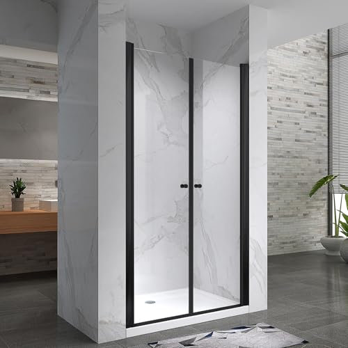 GINA-BLACK Porte de douche H.195 cm, largeur réglable 76 à 80 cm, verre transparent 6 mm, anticalcaire, profilés alu noir