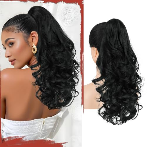 Sofeiyan Haarteil mit Klammer,43 cm Haarverlängerung für den Zopf | Lange Wellig Zopf Extension Claw Clip in Ponytail Extension Synthetik Haarverlängerung für Damen,Schwarz