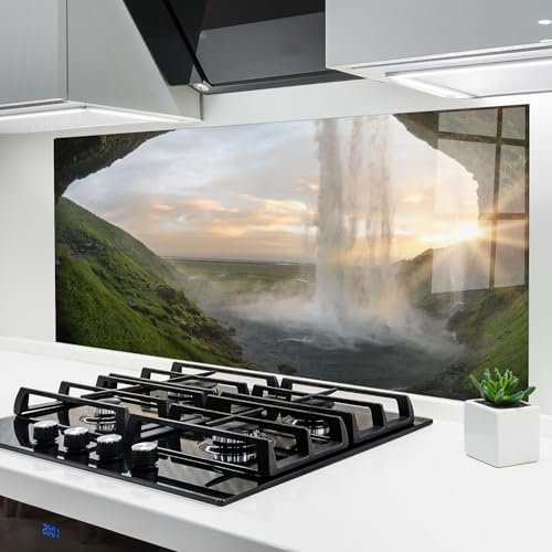 ARTHUB® Küchenrückwand aus Glas 60x150 cm, 5mm ESG | Spritzschutz, Glasplatte, Herdspritzschutz, Wandschutz für Herd, Hartglas, Landschaften, Wasserfälle, Cave Waterfall
