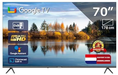 TEEVIEW Google Smart TV | QLED 4K Ultra HD | 70/178cm | Frameless Design | Triple Tuner DVB-T/T2/S/S2/C | HDMI x3, USB x2, Ci+ | Sprachsteuerung & Streaming-Apps | in Eindhoven montiert | TV70UQG-EU