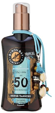 Byron Bay Australia Super Tanning Oil Spray SPF 50 - Fast Bronzing & Tan with Carrot Extract & Beta Carotene - UVA & UVB Protection with Vitamin E & Aloe Vera, Tropical Coconut Scent - 200ml