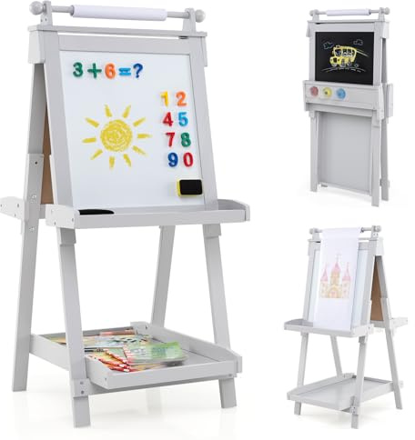 COSTWAY Tafel Kinder, Klappbare Staffelei höhenverstellbar mit Whiteboard & Magnetischer Tafel, doppelseitige Kindertafel mit Papierrolle & 3 Malschüsselchen, Klapptafel für Kinder ab 3 Jahren (Grau)