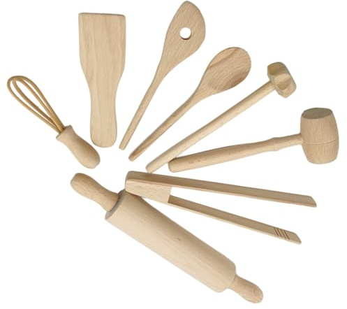 Kids Cooking and Baking Set, 8 Pieces Wooden Kitchen Utensils Set Kids, Children's Play Kitchen Accessories, Wooden Rolling Pin Meat Hammer Whisk Spatula Tongs Spoon Spatula for Girls Boys