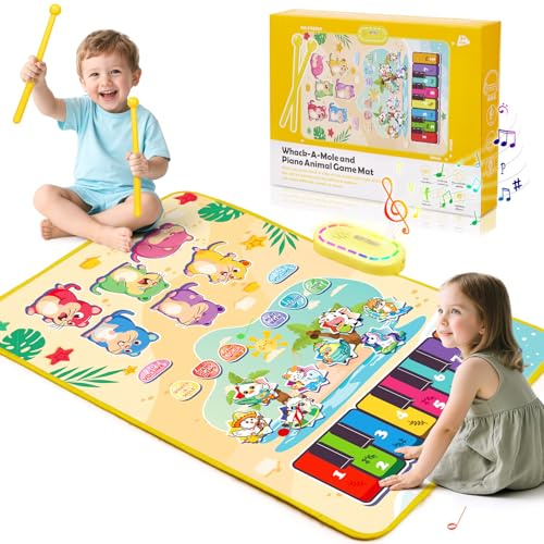 Gleamkid 3-in-1 Musikmatte Kinder, Musikmatte mit 2 Trommelstöcke, Kinderspielzeug Musik Klaviermatte Tanzmatte Keyboard Kinder, Geschenke für Jungen Mädchen 3 4 5 6 Jahre