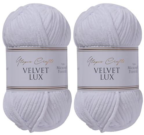 Utopia Crafts Velvet Lux Chenille Yarn 2x 100g (White)