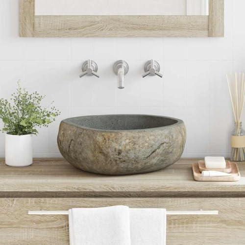 Qnhdfrt Aufsatzwaschbecken Badezimmer aus hellgrauem Flussstein 45x35x15 cm poliert handwaschbecken gäste wc klein rustikales Design für Bad Gäste WC Küche Camping