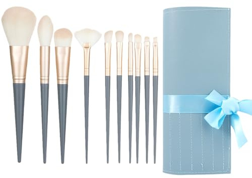 ZORVYN Lot de 10 Pinceaux de Maquillage Professionnels, Pinceaux Cosmétiques pour Ombres à Paupières, Sourcils, Fond de Teint, avec Trousse de Maquillage (Bleu)