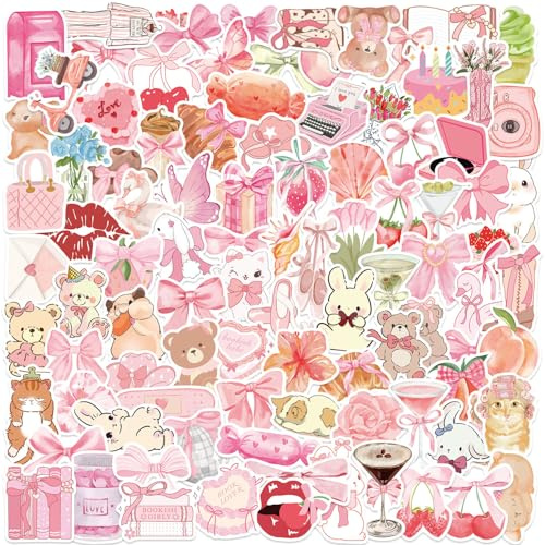 Hyleara Retro Sticker Aesthetic Rosa,100 Stück Pastell Aufkleber Niedlich mit Geschenk Schleife Tier Muster Wasserdicht Selbstklebend für Fotoalben, Fotoalben, Koffer, Skateboards