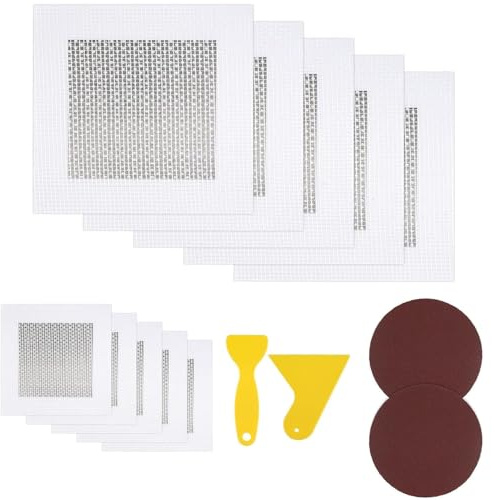Flosfjylo 14 Pcs Wall Repair Patches Kits, 10×10cm(5Pcs) 20×20cm(5Pcs) Self-Adhesive Ceiling Repair Kit, with 2 Sandpaper, Plus 2 Putty Knife, Plaster Patches for Ceiling & Wall Cracks