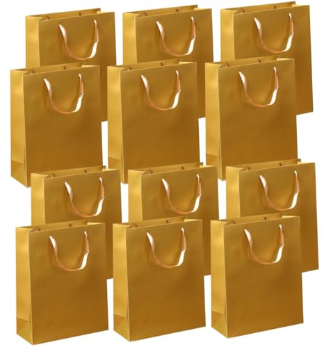 FIXOSHEE 12 Stück Teiliges Papiertragetaschen aus Hochwertigem Kraftpapier Robuste Wiederverwendbare Geschenktüten in Klassischem Gold als Verpackungstaschen Geschenkbeutel und