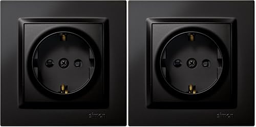 SIMON - Enchufe de Empotrar Schuko, Serie Simon 10, 250V, 16 A, Enchufe de Pared Plano y Fino, Fácil de Instalar, Incluye Marco, Tapa y Mecanismo, Base de Enchufe Hembra Color Negro (Paquete de 2)