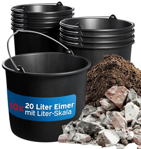 kör4u Juego de 10 cubos de 20 l negros con diadema de metal estable, cubo de mortero redondo robusto de LDPE – para construcción, jardín, hogar y artesanía