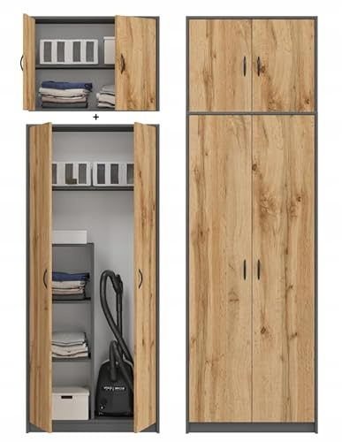 BDW - Besenschrank - Putzschrank, Haushaltsschrank - 74x35x235cm - Praktischer Mehrzweckschrank, Allzweckschrank für Besen, Staubsauger, Reinigungsmittel - Dino Graphit/Eiche Wotan Plus Aufsatz