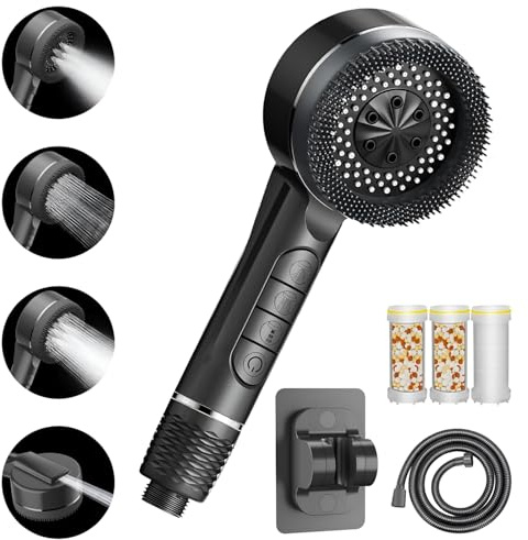 Duschkopf mit Filter, Hochdruck Handbrause mit Filtration in 8 Schichten, 4 Strahlarten-Duschbrause mit Stoppfunktion, mit 1.5M Brauseschlauch und Ständer, für Hartes Wasser/Bakterien/Rest-Chlor/Grau