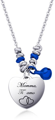 Dada Gioielli Collana Donna con Campanella e Cuore Frase Amore Mamme Bi-Lingua 45+5 cm Anelli Intrecciati a Nodino in Acciaio Inossidabile Argento + Blu