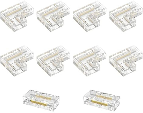10 conector de cinta LED COB 2 pin, Conector de ángulo sin costura para 8mm Incluyendo 8 unids tipo L ángulo 2 unids recto central conector Gapless Conectores sin cable transparentes sin área oscura