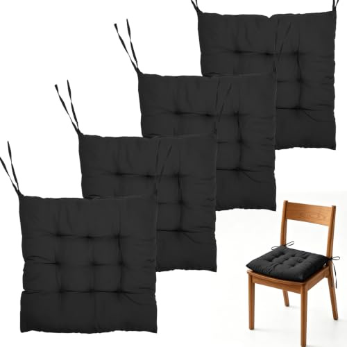MIUUIPI 4 Stück Sitzkissen mit Bändernn, 40 x 40 cm Stuhlkisse, Kissen für Gartenstühle, Stuhlauflage für Indoor und Outdoor, Sitzpolster für Esszimmer, Wohnzimmer (Schwarz)