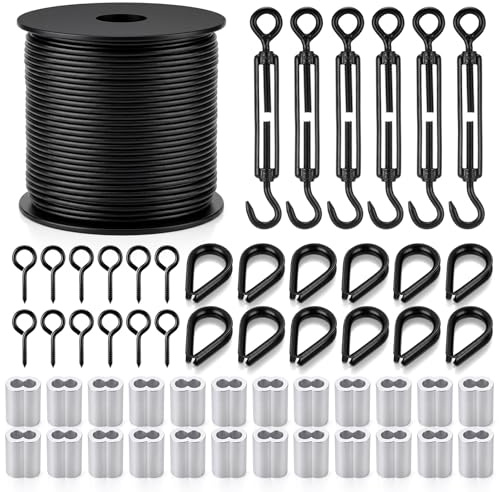 Shimeyao 6 Pack Black Turnbuckle Wire Tensioner Kit, 100ft 1/16 Vinyl Coated 304 Stainless Steel Cable with M5 Turnbuckles for Outdoor String Light Hanging, Curtain Hanging System, Garden Trellis