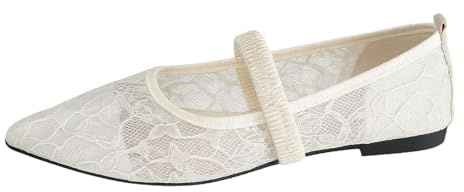 Ballerinaskor, dam, Mary Jane-skor, eleganta ballerina, skor, remballerina, spets, bröllop, brudskor, dansskor, platta skor, damskor kläder, loafers tofflor, fritidsskor, Beige, 41 EU