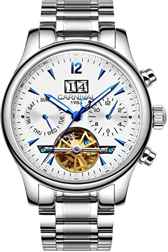 Carnival Los Hombres de la multifunción Calendario analógico automático Reloj mecánico Luminoso exposición Movimiento Relojes de Pulsera.