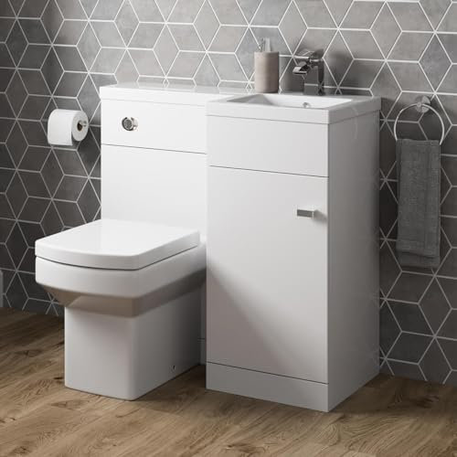 900mm L Shape Bathroom Vanity Sink Unit Furniture Storage, Right Hand Grey Gloss Vanity Unit + Basin + Ceramic Square Toilet with Concealed Cistern
