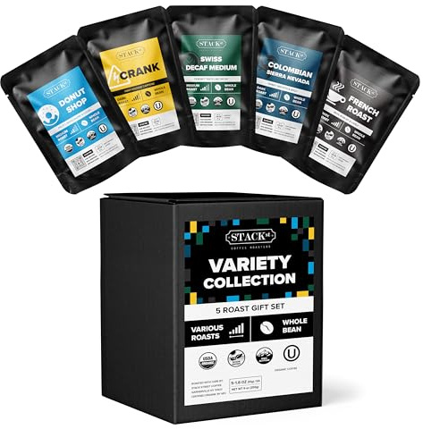 Stack Street Organic Gourmet Coffee Gift Sample Set - 5-Pack! - Specialty Variety Box Whole Bean Sampler of Our Most Popular Roasts