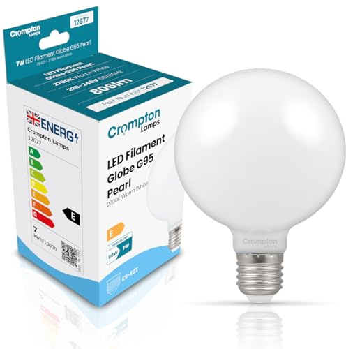 Crompton Lamps LED Globe 7W E27 Bulb | 95mm Large Light Bulb | 60W Equivalent | Dimmable LED Lightbulb | 2700K Warm White | Frosted Opaque Milky Opal Lightbulbs | Low Glare Globe Lights