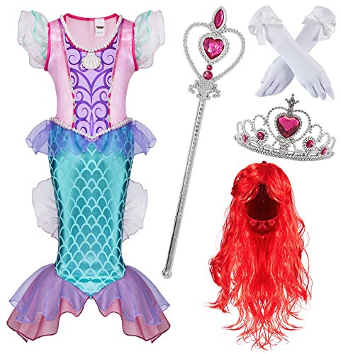 Spooktacular Creations Little Girl Mermaid Princess Costume Include Mermaid red Wig, Crown, Magic Wand and Gloves! (Toddler(3-4yrs))
