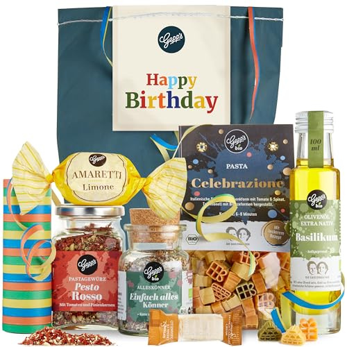 Happy Birthday Geschenkset I Gepp’s Feinkost I Gourmet Geschenk-Set | Überraschungstüte gefüllt mit handgemachter Pasta, Pesto-Rosso Gewürz, Bio Alleskönner Gewürz & Basilikumöl