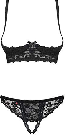 Selente Love & Fun verführerisches 3-teiliges Damen Unterwäsche-Set aus BH, Slip & exklusiver Satin-Augenbinde, Made in EU (S-M, Schwarz-Ouvert)
