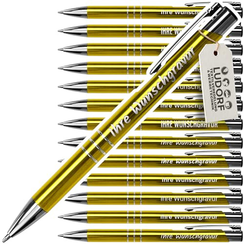 #teamludorf 10x Metall-Kugelschreiber mit Wunsch-Gravur - Personalisierte Kulis - Stift mit Namen - 14 Farben & 20 Schriftarten - 10 Stück - Gelb