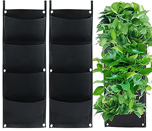 Pflanztasche Senkrechter Pflanztaschen Aufhängen Pflanzbeutel Garten-Hängetaschen 2 Stk 4 Taschen Vertikaler Übertopf aus Dicker Filz Für Balkon Draußen Garten Innenhof Büro Heimdekoration (Schwarz)