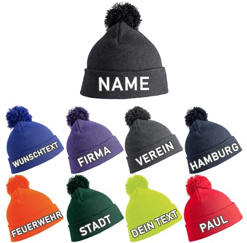 Personalisierte Bommelmütze mit Name oder Wunschtext bestickt – Hochwertige Strickmütze Unisex – Warme Wintermütze mit Pompon – Individuelle Mütze für Damen, Herren, Kinder, Firmen & Vereine