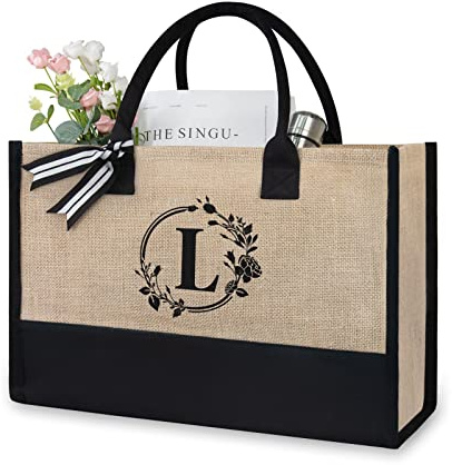 TOPDesign Initial Jute/Canvas Tote Bag, Personalized Present Bag, Suitable for Wedding, Birthday, Beach, Holiday, is a Great Gift for Women, Mom, Teachers, Friends, Bridesmaids (Letter L)
