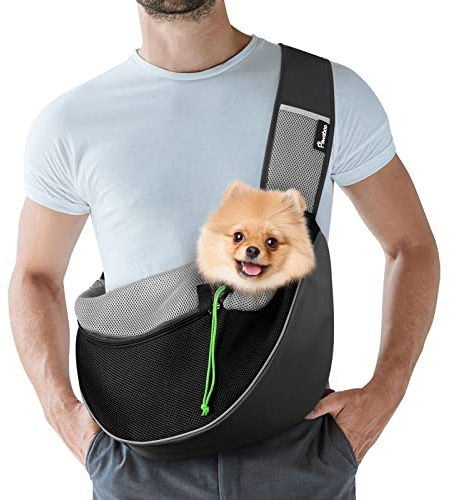 Pawaboo Justerbar bärväska för husdjur, handsfree axelväska med D-spänne, andningsbar hundryggsäck med extra ficka, L - svart