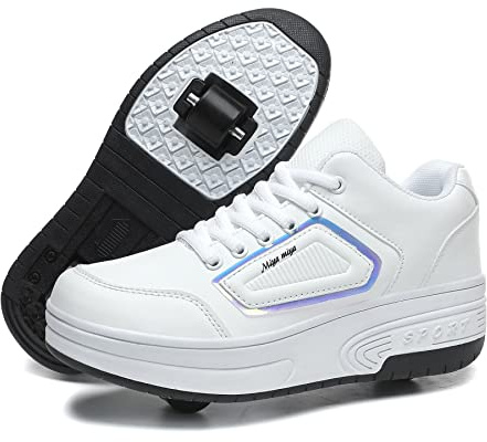 HOSIMY Schuhe Kinderschuhe mit Rollen Skate Automatisch Einziehbar Rollschuhe Inliner Skateboardschuhe Outdoor Sportschuhe Gymnastik Running Sneakers Turnschläppchen Jungen Mädchen, 99weiß, 37 EU