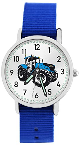 Pacific Time Kinder Armbanduhr Jungen Traktor für Kinder blau Trecker Kinderuhr Auto Car Textilarmband Leuchtzeiger analog Quarz