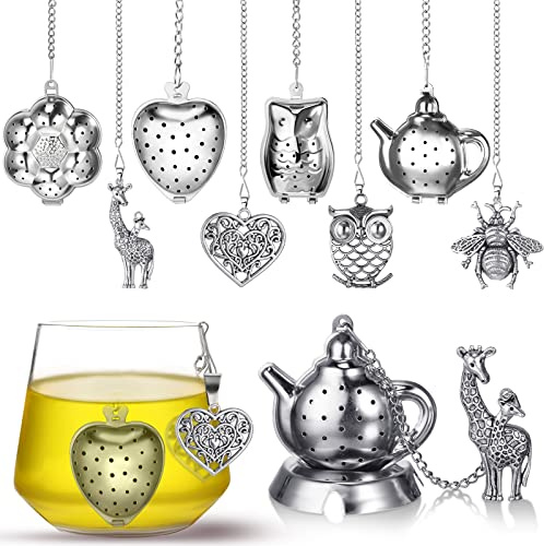 Cunhill 4 Sets Loose Tea Infusers Stainless Steel Teaballs Cute Tea Strainers Steeper Filters with Crystal Stone Pendants and Drip Tray Teacups Accessories(Funny Style)