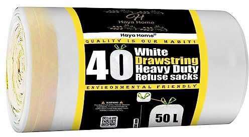 Haya Home 50L Litre 40 Drawstring Bin Bags Heavy Duty Swing Bin Liners, White Plastic Refuse Sacks tie top handle large Waste Dustbin Bags for Kitchen Home Office DIY Garden 100% Recycled Material