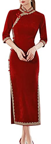 Women's Deluxe Corduroy Long Cheongsam Dress Vintage Half Sleeve Side Slit Chinese Qipao (955# Red, L)