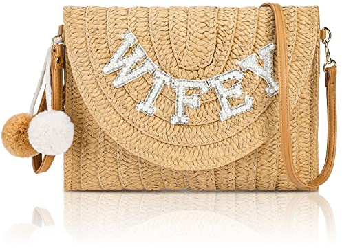 Pinkunn Bride Gift Straw Shoulder Bag Clutch Rhinestone Letter Purse Beach Bachelorette Honeymoon Wedding Bridal Shower (Wifely Style)