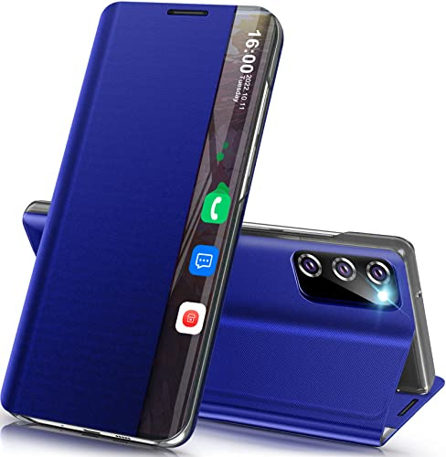 Qissy Handyhülle für Samsung Galaxy S20 FE Hülle Klappbar, Luxus Dünn Spiegel Flip Leder Hard PC Stoßfest Case Cover für Galaxy S20 FE 5G Hülle mit Ständer, Clear View für Samsung S20 FE 5G Etui
